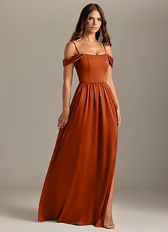 Azazie Calianna Bridesmaid Dresses Burnt Orange A-Line Off the Shoulder Stretch Satin Convertible Dress image7