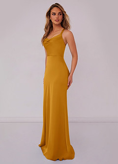 Barbie ♥ Azazie Bridesmaid Dresses Butterscotch Mermaid Pleated Stretch Satin Dress image4