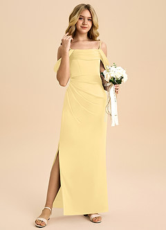 Azazie Saige Junior Butter Sheath Off the Shoulder Stretch Satin Dress image1
