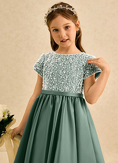 Azazie Cashew Flower Girl Dresses Eucalyptus Ball-Gown with Sleeves Matte Satin Dress image6