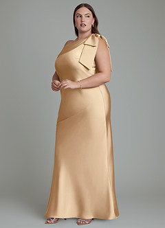 Azazie Yuanna Jurken voor bruidsmeisjes Jurk van Stretch Satijn met Zeemeermin One-shoulder Champagne image6