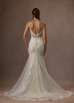 Azazie Leonie Vestidos de novia Vestido de Blanco Diamante Champán de Tul de Corte Sirena con Lentejuelas Cuello V image9