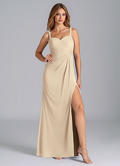 Azazie Micky Bridesmaid Dresses Champagne A-Line Pleated Mesh Dress image4