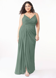 Azazie Evalin Bridesmaid Dresses Eucalyptus A-Line V-Neck Pleated Mesh Dress image7