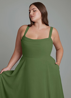 Azazie Shaude Bridesmaid Dresses Olive A-Line Pleated Chiffon Dress image11