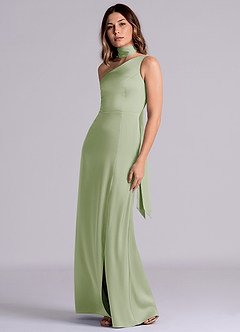 Azazie Philana 신부 들러리 드레스 A라인 한쪽 어깨 스트레치 새틴 바닥 길이 드레스 image6