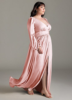 Azazie Norah Robes de demoiselle d'honneur Robe Trapèze en Satin extensible Rose Pâle image10