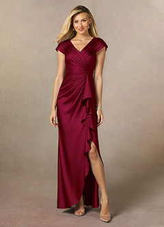 Azazie Anderson Mother of the Bride Dresses Burgundy A-Line Pleated Stretch Satin Dress image1