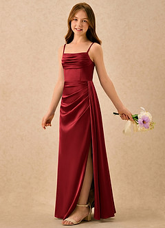 Azazie Shyla Girls Formal Robe Demoiselle D'honneur Fillette Robe Fourreau en Satin extensible Plissé Écarlate image1