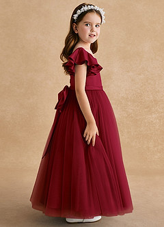 Azazie Suzy Flower Girl Dresses Burgundy A-Line with Sleeves Tulle Dress image3