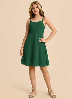 Azazie Shale Junior Vestido de Verde Oscuro de Gasa de Corte en A con Lazo image3