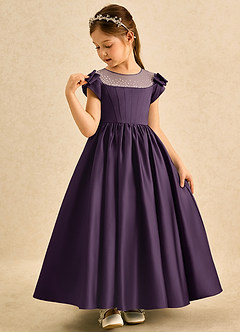Azazie Toffee Abiti da Ragazza di Fiori Abito Stile Principessa in Raso Opaco Fiocco Prugna image4