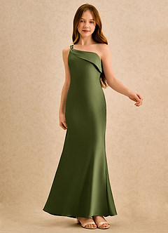 Azazie Almond Girls Formal Abiti da Ragazza di Fiori Abito Tubino in Raso Elasticizzato Monospalla Oliva image6
