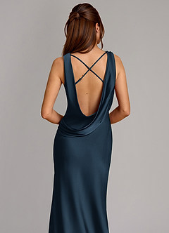 Azazie Cheryl Vestidos de damas de honor Vestido Azul Marino Oscuro de Satén Elástico de Corte Sirena image2