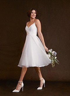 Azazie Ardea Wedding Dresses A-Line V-Neck Pleated Stretch Crepe Knee-Length Dress image4