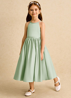 Azazie Indi Flower Girl Dresses Dusty Sage A-Line Bow Matte Satin Dress image3
