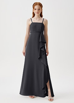 Azazie Kaylee Junior Black A-Line with Belt Stretch Satin Dress image3