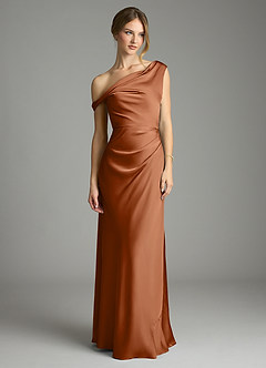 Azazie Emerson Bridesmaid Dresses Copper Mermaid Off the Shoulder Stretch Satin Dress image3