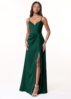 Azazie Brielle Robes de demoiselle d'honneur Robe Trapèze en Satin extensible Bretelles spaghetti émeraude image1