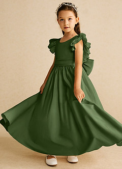 Azazie Piglette Flower Girl Dresses Olive A-Line Bow Matte Satin Dress image2