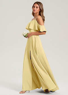 Azazie Jean Bridesmaid Dresses Lemon Sorbet A-Line Off the Shoulder Stretch Satin Dress image5