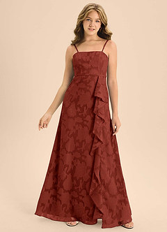 Azazie Kaylee Junior Terracotta A-Line with Belt Floral Burnout Dress image1