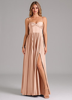 Azazie Akiko Bridesmaid Dresses Rose Gold A-Line Sweetheart Neckline Stretch Satin Dress image1