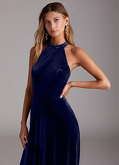 Azazie Larice Bridesmaid Dresses Dark Navy A-Line with Pockets Velvet Dress image5