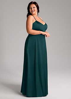 Azazie Mei Robes de demoiselle d'honneur Robe Trapèze en Satin extensible Col en V Vert Pin image9