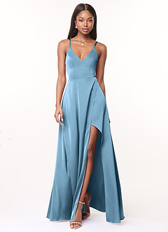 Azazie Maksim Bridesmaid Dresses Steel Blue A-Line V-Neck Stretch Satin Dress image1