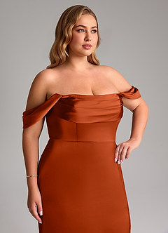 Azazie Saige Bridesmaid Dresses Paprika Sheath Off the Shoulder Stretch Satin Dress image14