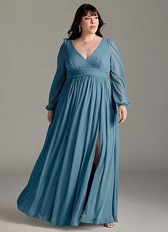 Azazie Norah Bridesmaid Dresses Bermuda A-Line V-Neck Long Sleeve Chiffon Dress image6
