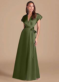 Azazie Nico Bridesmaid Dresses Olive A-Line Pleated Metallic Satin Dress image1