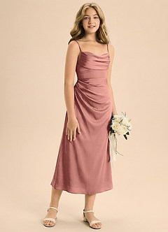 Azazie Mai Junior Osłona Pofałdowany Satyna elastyczna Długość herbaty Młodsza druhna Sukienka image5