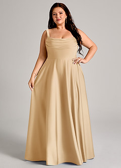 Azazie Shaude Jurken voor bruidsmeisjes Jurk van Stretch Satijn met A-Lijn Geplooid Goud image12