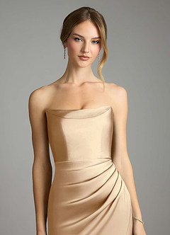 Azazie Leonis Bridesmaid Dresses Champagne Mermaid Pleated Stretch Satin Convertible Dress image4