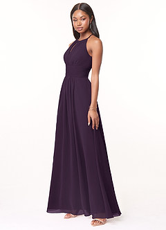Azazie Bonnie Bridesmaid Dresses Plum A-Line Keyhole Ruched Chiffon Dress image3