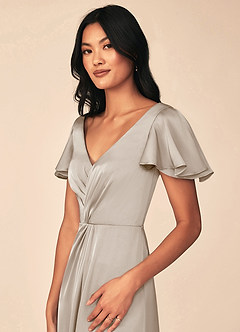 Azazie Soren Bridesmaid Dresses Frost A-Line Pleated Stretch Satin Dress image7