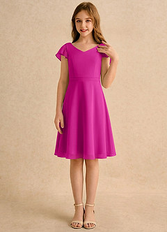 Azazie Narin Girls Formal Robe Demoiselle D'honneur Fillette Robe Trapèze en Mousseline de soie avec manches Fuchsia image4
