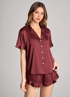 front Matching Color Personalized Embroidered Name Ruffled Short Sleeve Pajama Set