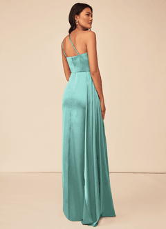 Azazie Maron Bridesmaid Dresses Aqua A-Line One Shoulder Stretch Satin Dress image4