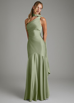 Azazie Amara Bridesmaid Dresses Pistachio Mermaid One Shoulder Stretch Satin Dress image4