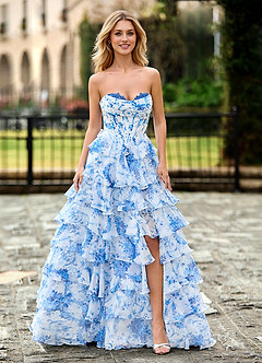 Flomu Floral Bleu Et Blanc Robe de bal imprimée trapèze image4