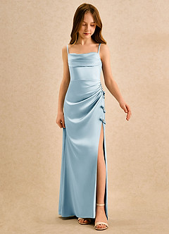 Azazie Bundt Girls Formal 플라워 걸 드레스 A라인 주름진 스트레치 새틴 플로어 길이 드레스 image3