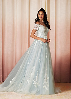 Azazie Rowe Wedding Dresses Ball-Gown Off the Shoulder Tulle Chapel Train Dress image3