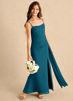 Azazie Moxie Girls Formal Blumenmädchenkleider A-Linie Spitze Chiffon Kleid Tintenblau image4
