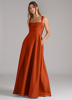 Azazie Shaude Vestidos de damas de honor Vestido de Naranja Quemada de Satén Elástico de Corte en A con Plisado image4