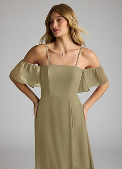 Azazie Sue Robes de demoiselle d'honneur Robe Trapèze Convertible en Mousseline de soie Épaule décolletée Vert Mousse image2