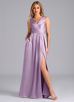 Azazie Karina Bridesmaid Dresses Frosted Lilac A-Line Pleated Stretch Satin Dress image1