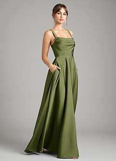 Azazie Shaude Bridesmaid Dresses Olive A-Line Pleated Stretch Satin Dress image6